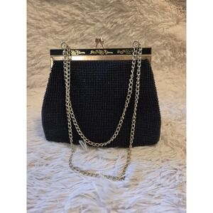 Vintage Black Beaded  Purse With Gold Chain And Gold Detailing